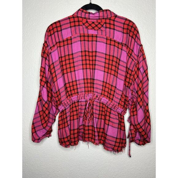 Free People Pacific Dawn Plaid Wool Blend Shirt Drawstring Waist Snap Front Med - Picture 3 of 10